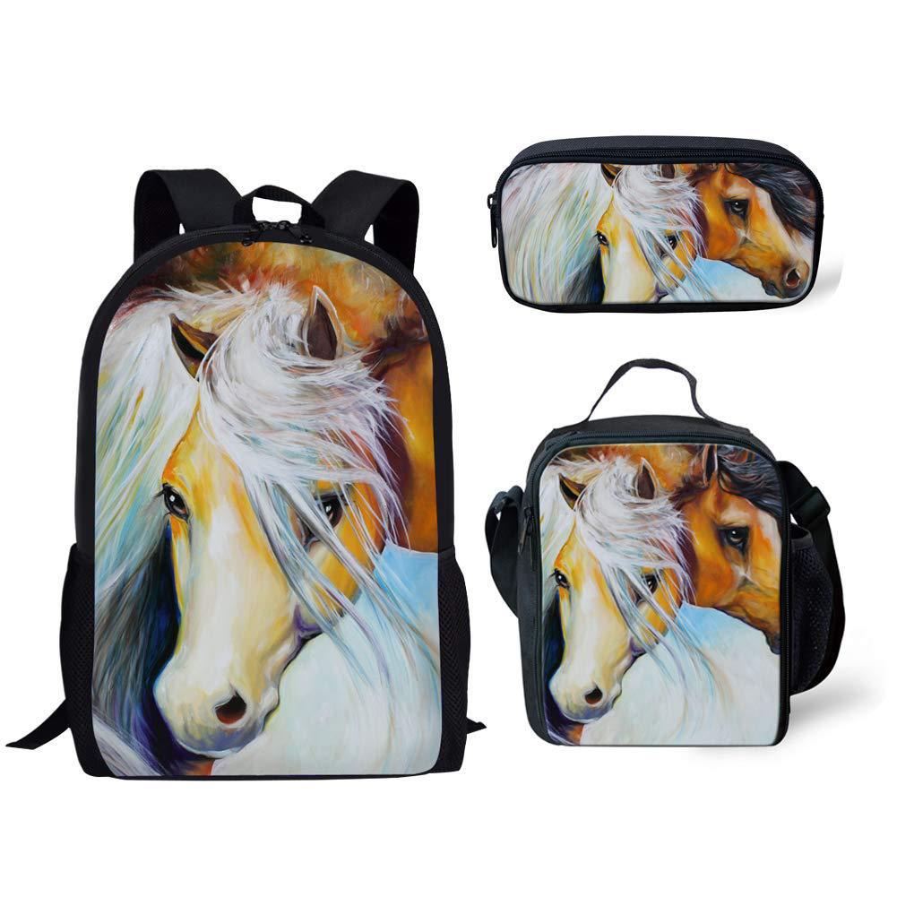 Classic Popular Funny Broken Flower Horse 3D Print 3pcs/Set Pupil School Bags Laptop Daypack Backpack Lunch Bag Pencil Case