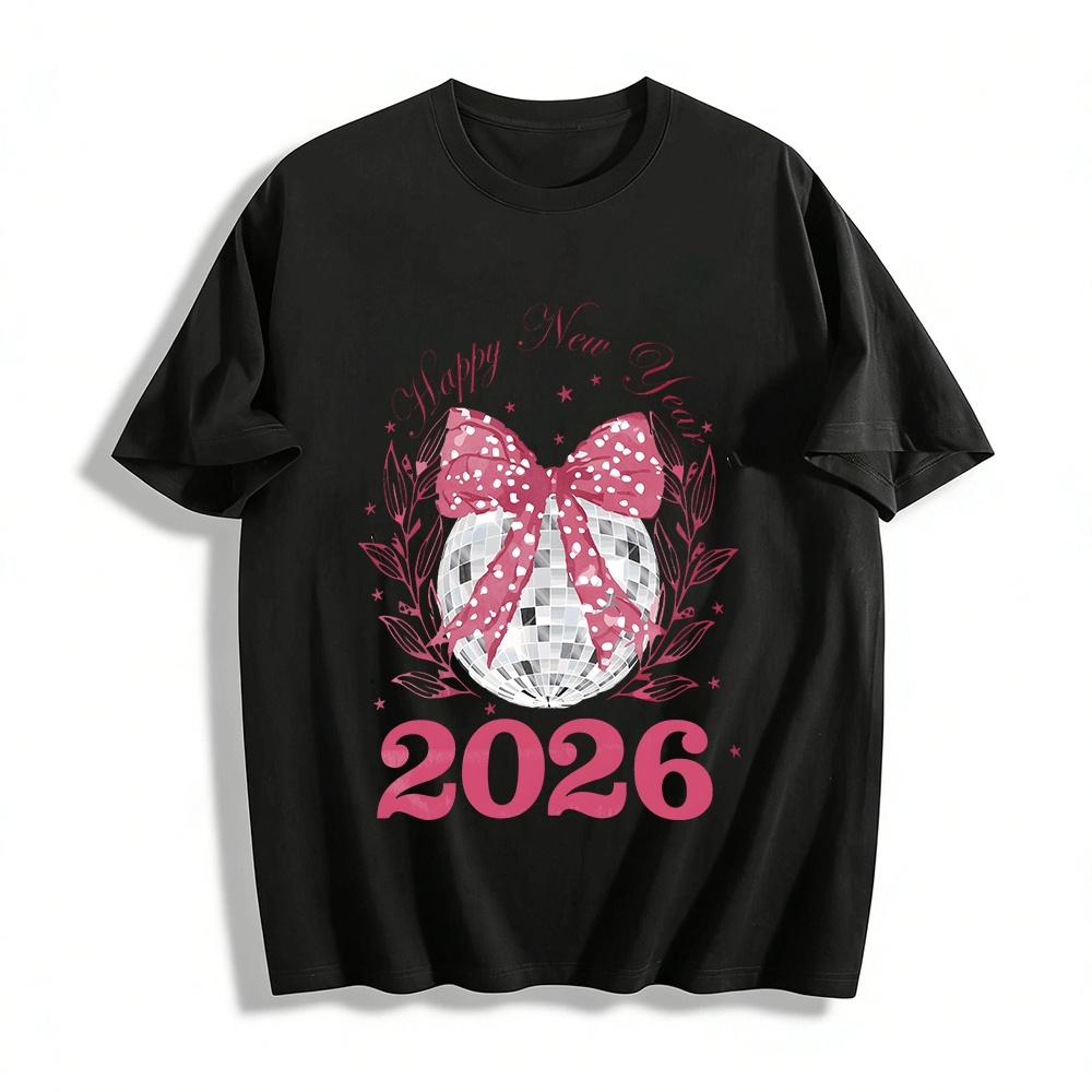 2026 Happy New Year Disco Ball Bow Print Casual Top Pure cotton T-shirt XXS