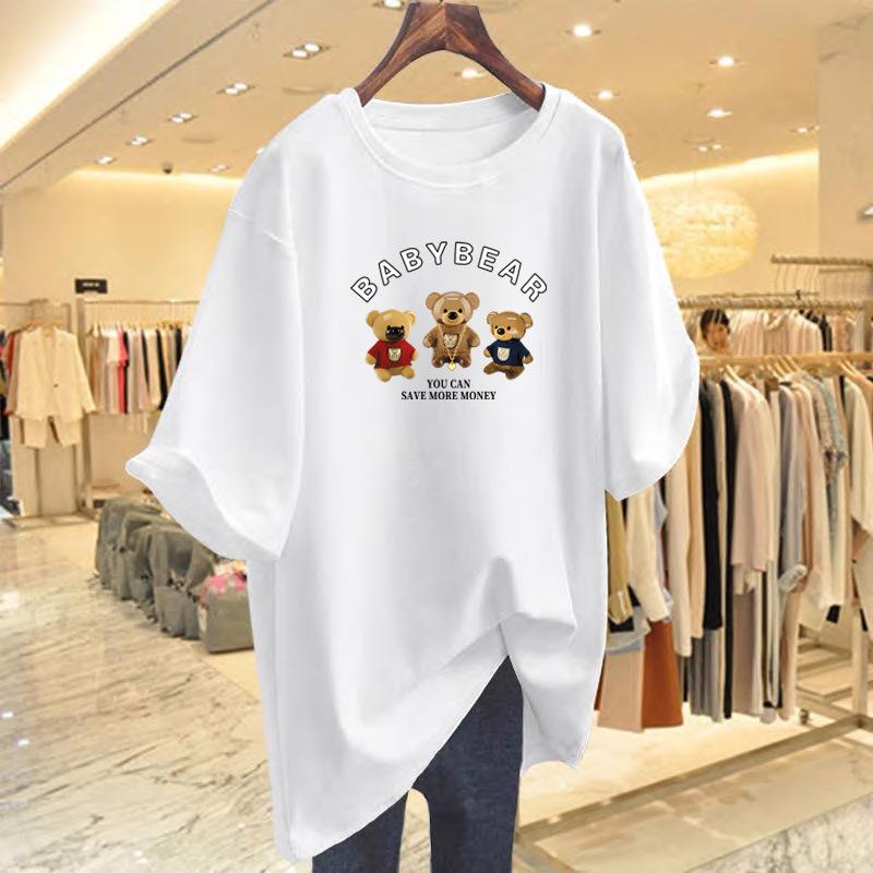 

White medium and long bear print cotton t-shirt loose short-sleeved t-shirt women s summer new S