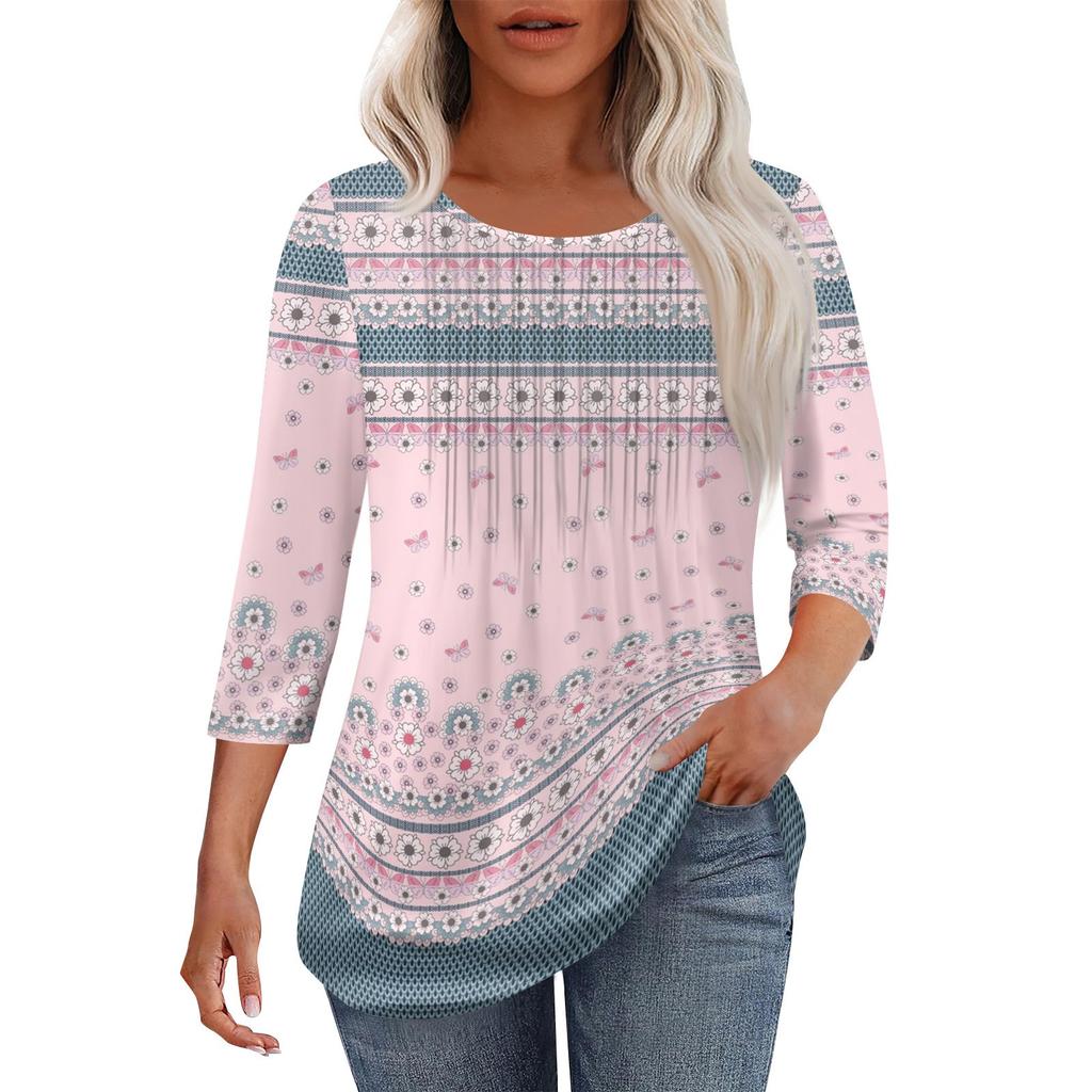 Women's Fashionable Casual Pleated Round Neck Casual Floral Print Seven Quarter Sleeved T-shirt Top