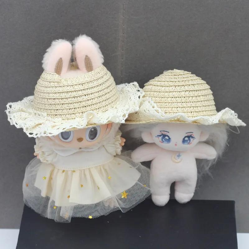 17CM Labubu Clothing Accessories Cute Empty Top Fringed Opening, Woven Straw Hat Lace Fringed Wavy Straw Hat