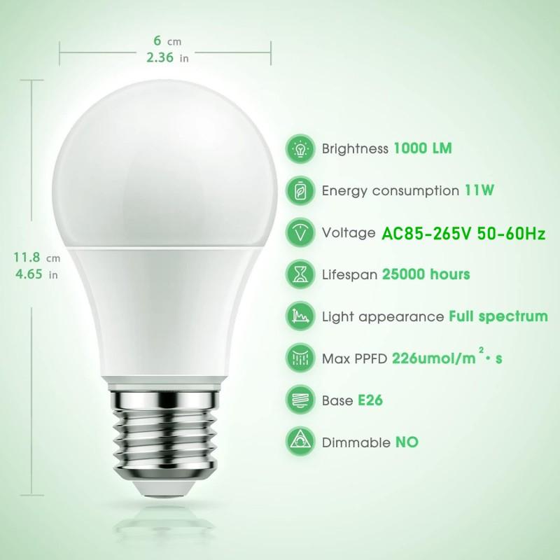 2pcs Full Spectrum Grow Light A19 Bulb 11W E26 Grow Lights for Indoor Plants Flowers Greenhouse Indore Garden Hydroponic Lamp