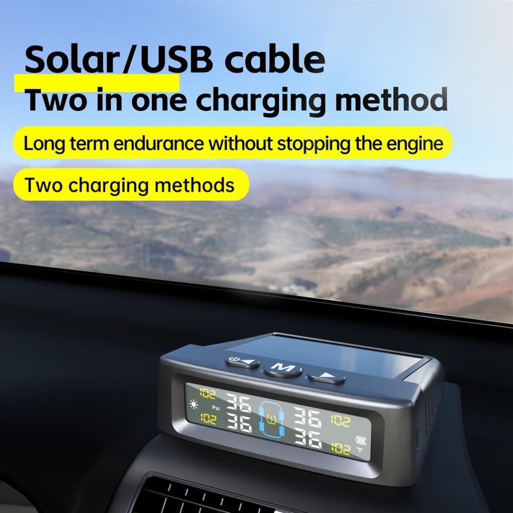 TPMS Däcktrycksövervakningssystem Bil Säkerhetslarmsystem Trådlös Sol-/USB-driven 4 Sensorer med Färgdigital Display