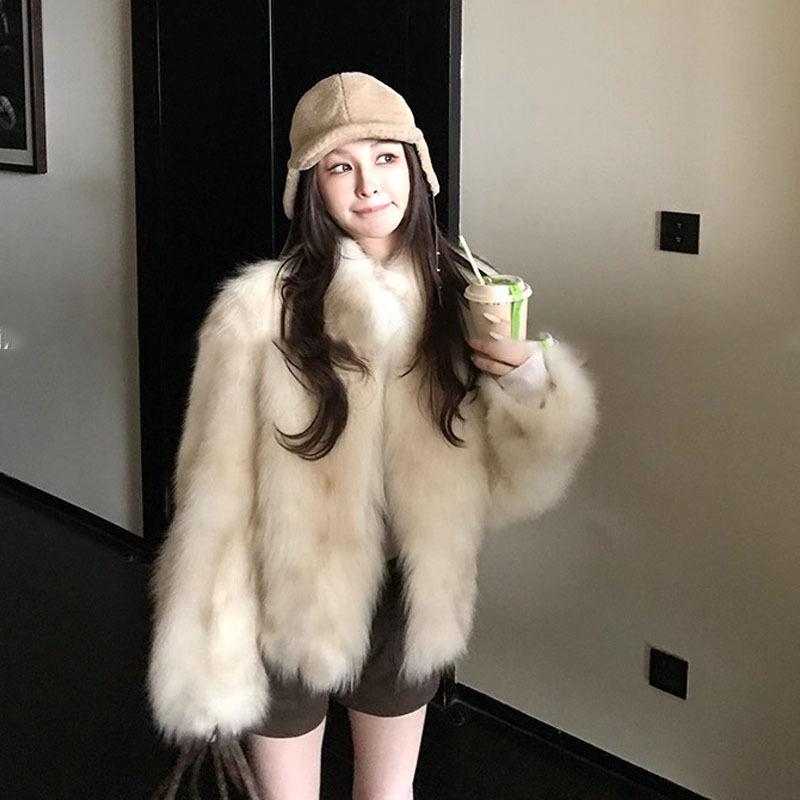 

Two-Tone Gradient Fox Fur Leather Jacket with Stand Collar Medium
