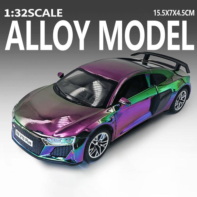 1:32 R8V10 RS6 Sports Car Toy Model Alloy Body Rubber Tires Models Sound Light Pull Back Supercar Collection Gifts for Children