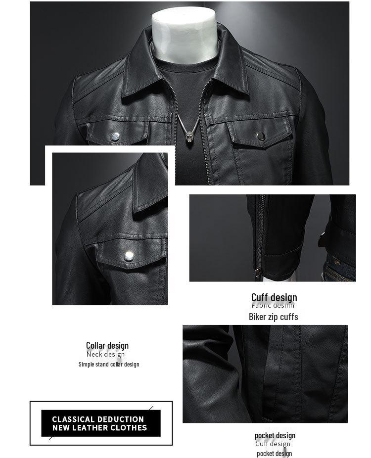 Men's Slim Fit PU Leather Motorcycle Jacket - 2024 Spring/Autumn Korean Style with Fleece Lining