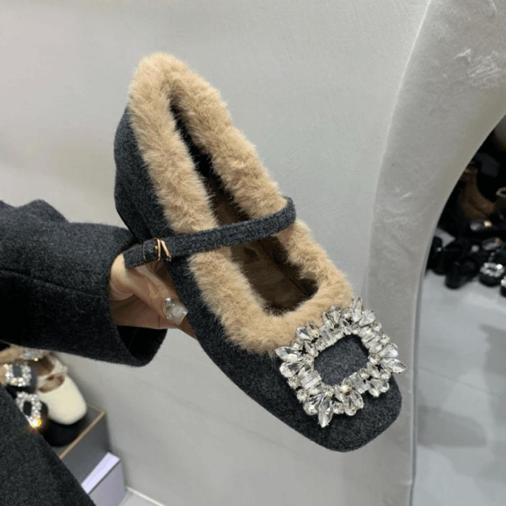 Warme Damen-High Heels Strass dicker Fleece quadratische Spitze Fleece-Mützen-Schuhe Damenschuhe Einzelne Schuhe Mary Jane