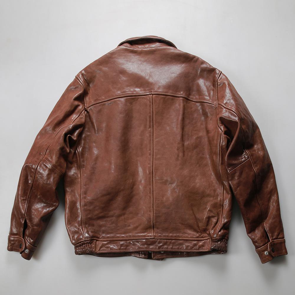 Lew full vegetable tanned cowhide flight jacket men's retro lapel casual leather leather jacket