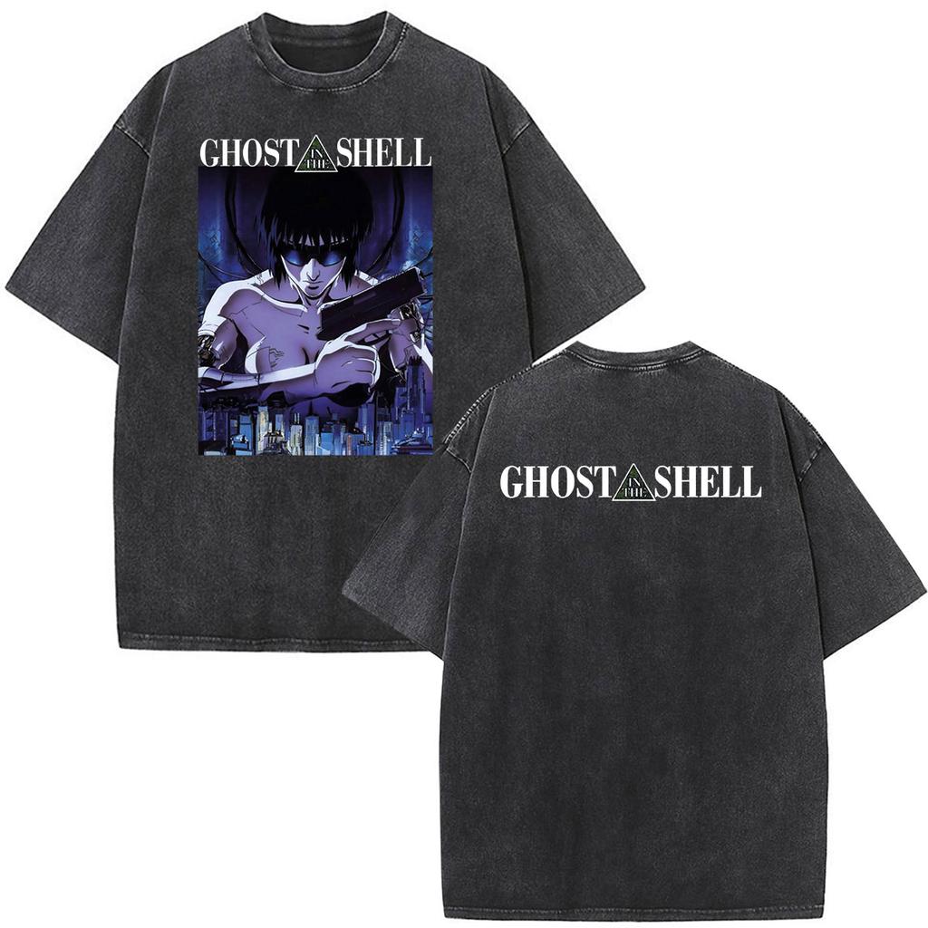 Anime Ghost In The Shell Motoko Kusanagi Vintage Washed T Shirts Men Women Clothing Casual Short Sleeve Oversized Tshirts Tops