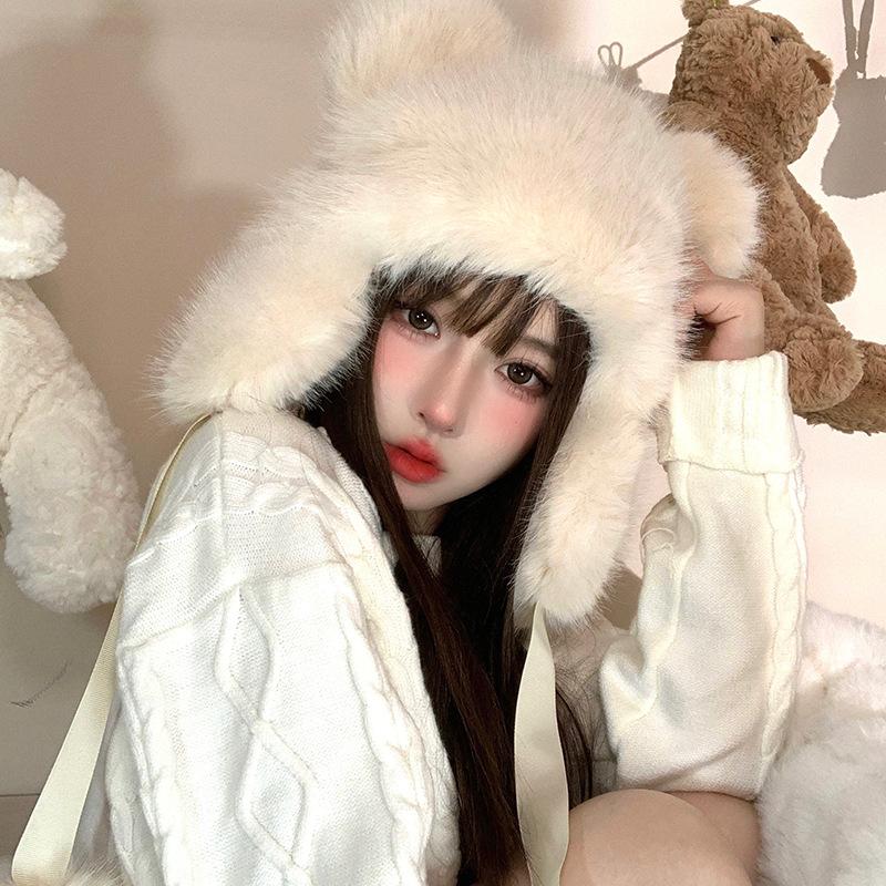 

Милая плюшевая шапка с ушками медвежонка для женщин на осень и зиму, утолщенная теплая шапка-ушанка, уличная защита от холода, шапка-пуловер, делающая лицо маленьким M（56-58cm）