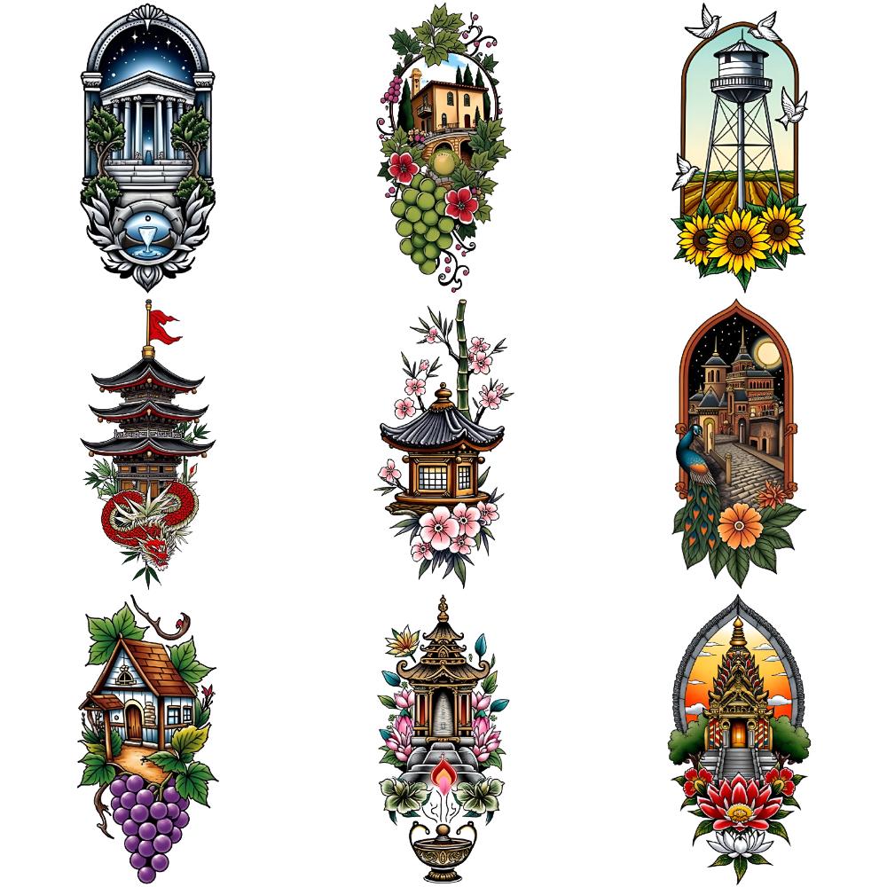 9pcs Temporary Tattoo New School Traditional House With Grapes Shield With Swords Peacock For Chest Women Arms
