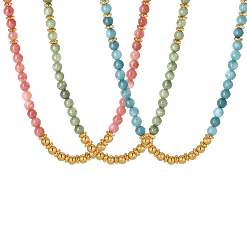 Elegant Color Matching Contrasting Pattern Stainless Steel Chain Crystal Beaded Necklace Bracelet Jewelry Set Female Nc-2546