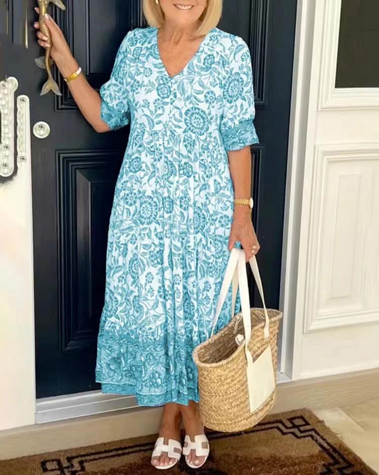 Abito Maxi Floreale Taglie Forti con Scollo a V per Vacanza al Mare