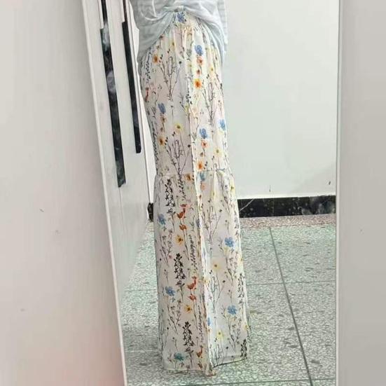 Women Trousers Elastic Waist Floral Print Splicing Design Wide Leg Long Trouser with Pockets Travel Work School Daily