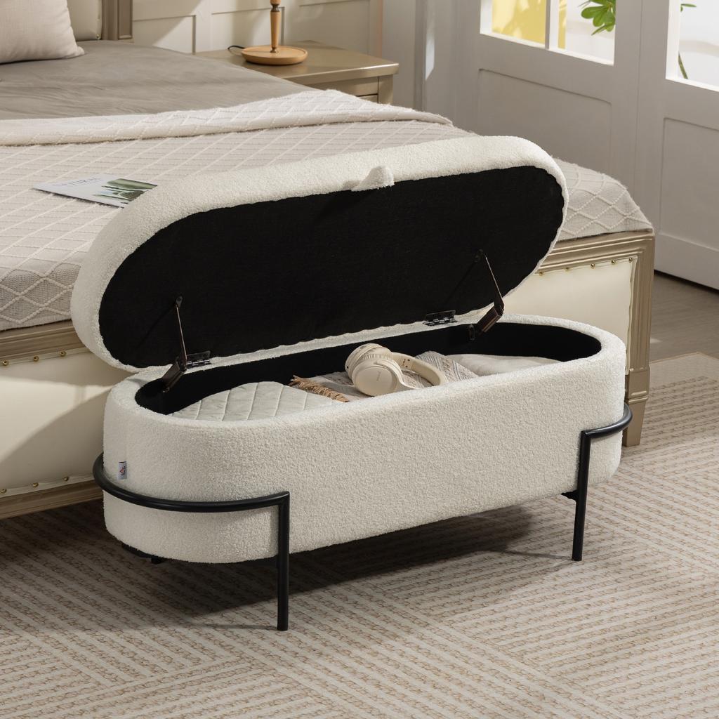 Storage Bench, Boucle Fabric, Lift-Up Lid, Steel Legs, Cream