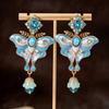 Used Vintage Enamel Butterfly Earrings - Retro French Court Style Pendant Studs