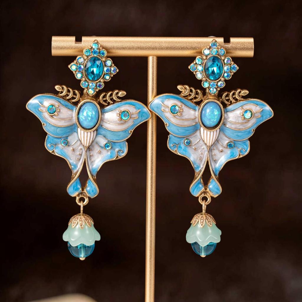 Used Vintage Enamel Butterfly Earrings - Retro French Court Style Pendant Studs