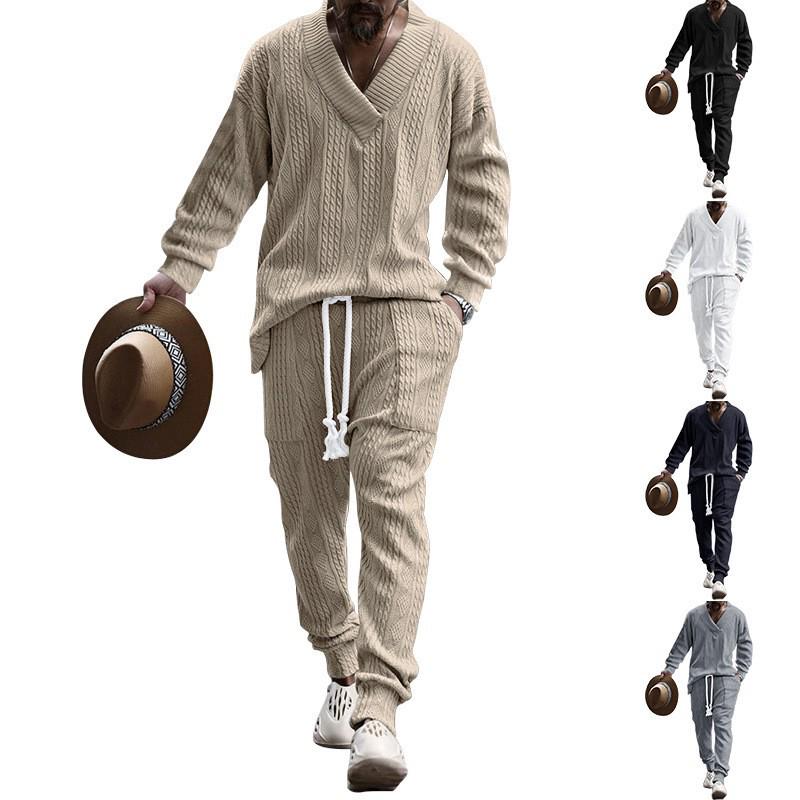 

Men s Casual Hip Hop Jacquard Knitted Sweater and Pants Set for Autumn Small