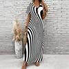 Women Plus Size V Neck Short Sleeve Black White Printed Straight Long Dress