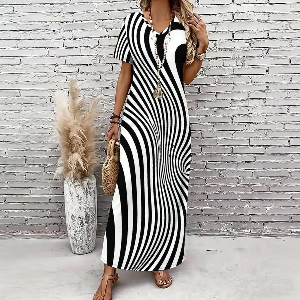 Women Plus Size V Neck Short Sleeve Black White Printed Straight Long Dress