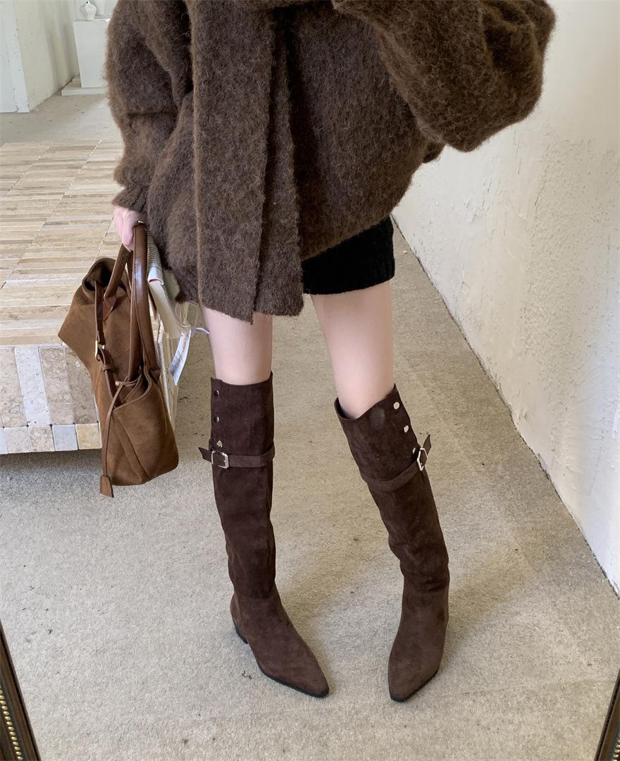 

2025 autumn and winter new belt buckle pointed thick heel medium heel boots high boots casual suede over knee boots 2 wear type 40 коричневый