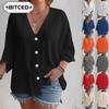 Women's Fashion Casual Solid Color Print Long Sleeve V Neck Blouses & Shirts