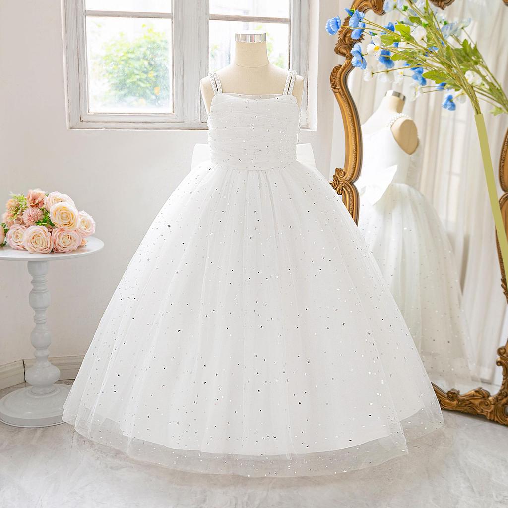 Children's Spaghetti Strap Sequin Flower Girl Dress - Puffy Tulle Skirt with Bow, Princess Gown for Weddings & Performances