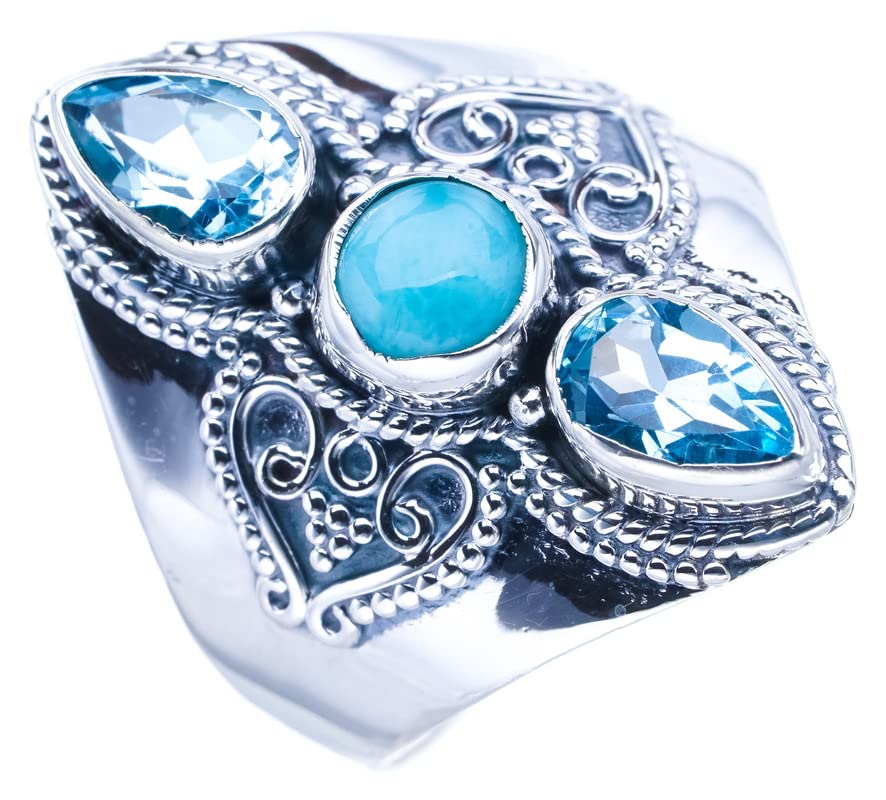 

StarGems® Natural Larimar Blue Topaz Handmade 925 Sterling Silver Ring 12 F0892