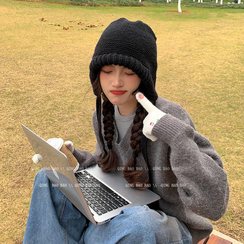 

Winter solid color balaclava hat women s versatile ear protection cold wool hat thickened warm knitted hat