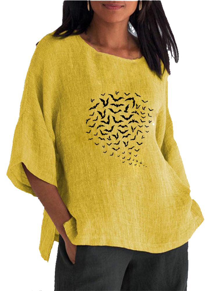 Women Fashion Cotton Linen 3/4 Long Sleeve Top Spring&summer O Neck Print Shirt Ladies Pullover Loose Blouse