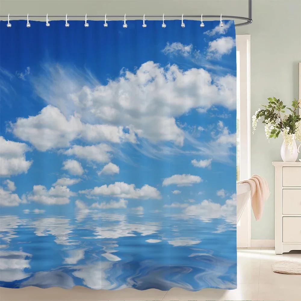 Blauer Himmel Wolken Landschaft Duschvorhang Wasserdichter Badezimmervorhang Mit Haken Badezimmer Vorhänge Stoff 3D Gedruckt 180*200cm Vorhang