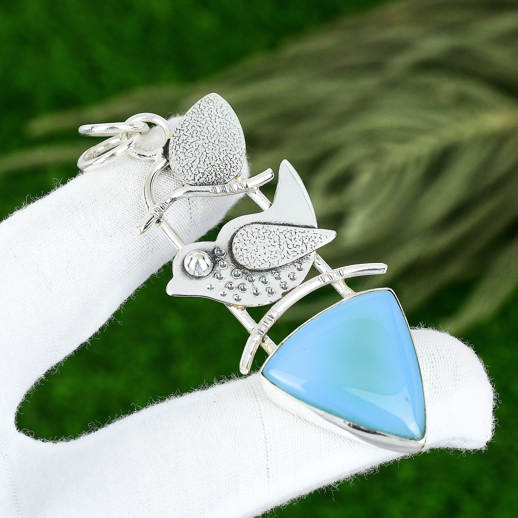 

Sterling Silver Trillion Owyhee Blue Opal Stone Daughter Engagement Boho Pendant