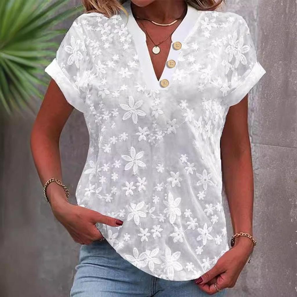 EastRogue Women's Fashion Casual Summer Solid Color Print Short Sleeve V-Neck Blouses & Shirts
