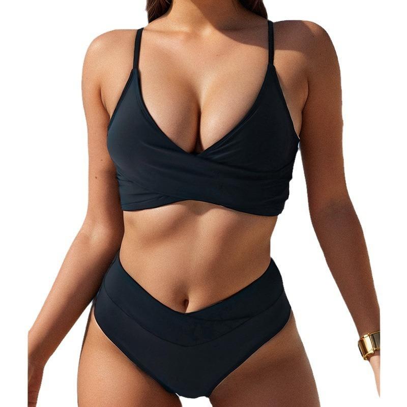 New Bikini European and American Solid Color Pleated Backless Sexy Bikini Split Swimsuit Swimsuit