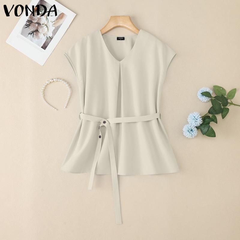 

VONDA Women Casual Short Sleeve Solid Color Loose Belt Blouse S серый
