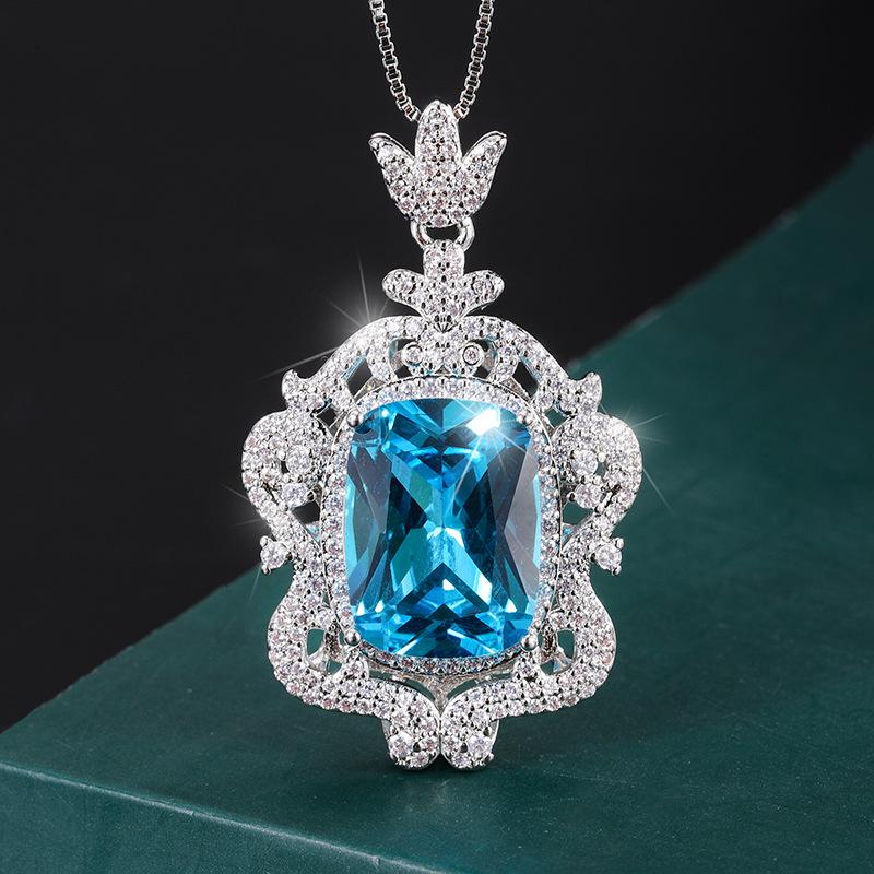 Jewelry Retro Style Simulation Topa Blue Full Diamond Luxury Set Creative Set Necklace 12 * 16 Stud Earrings 12 * 14