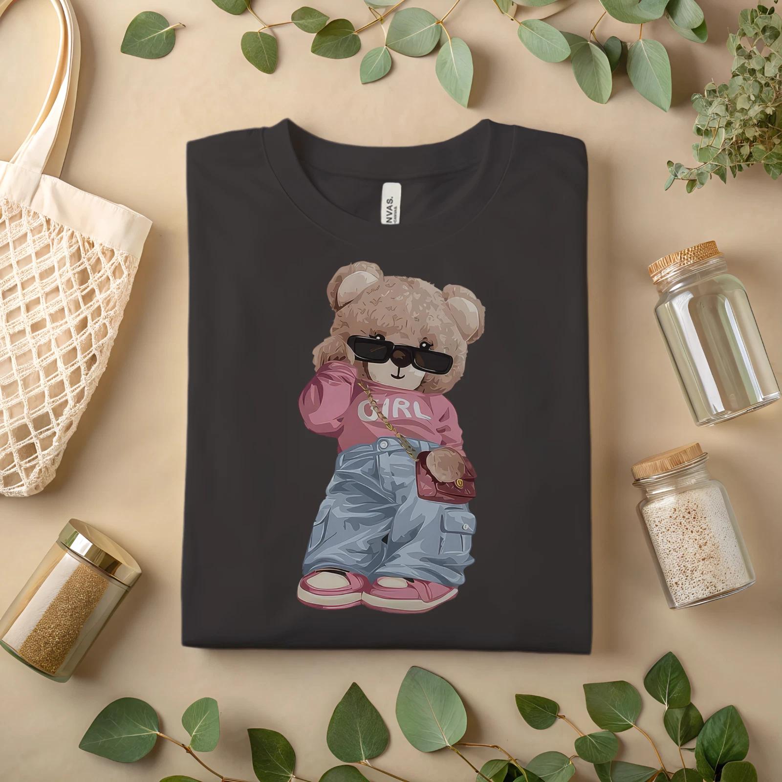Cool Teddy Bear Girl T-Shirt – Cute Streetwear Bear Graphic Tee A108 XS