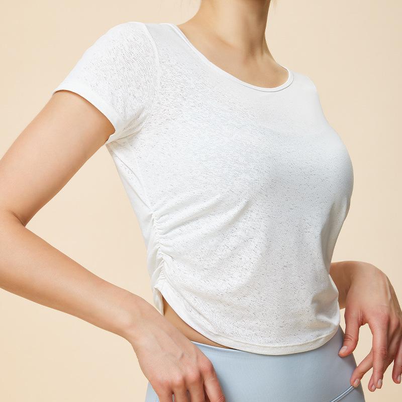 

Женский топ для йоги с коротким рукавом, вырезом на спине и присборенной кулиской - дышащий для фитнеса на открытом воздухе и бега S