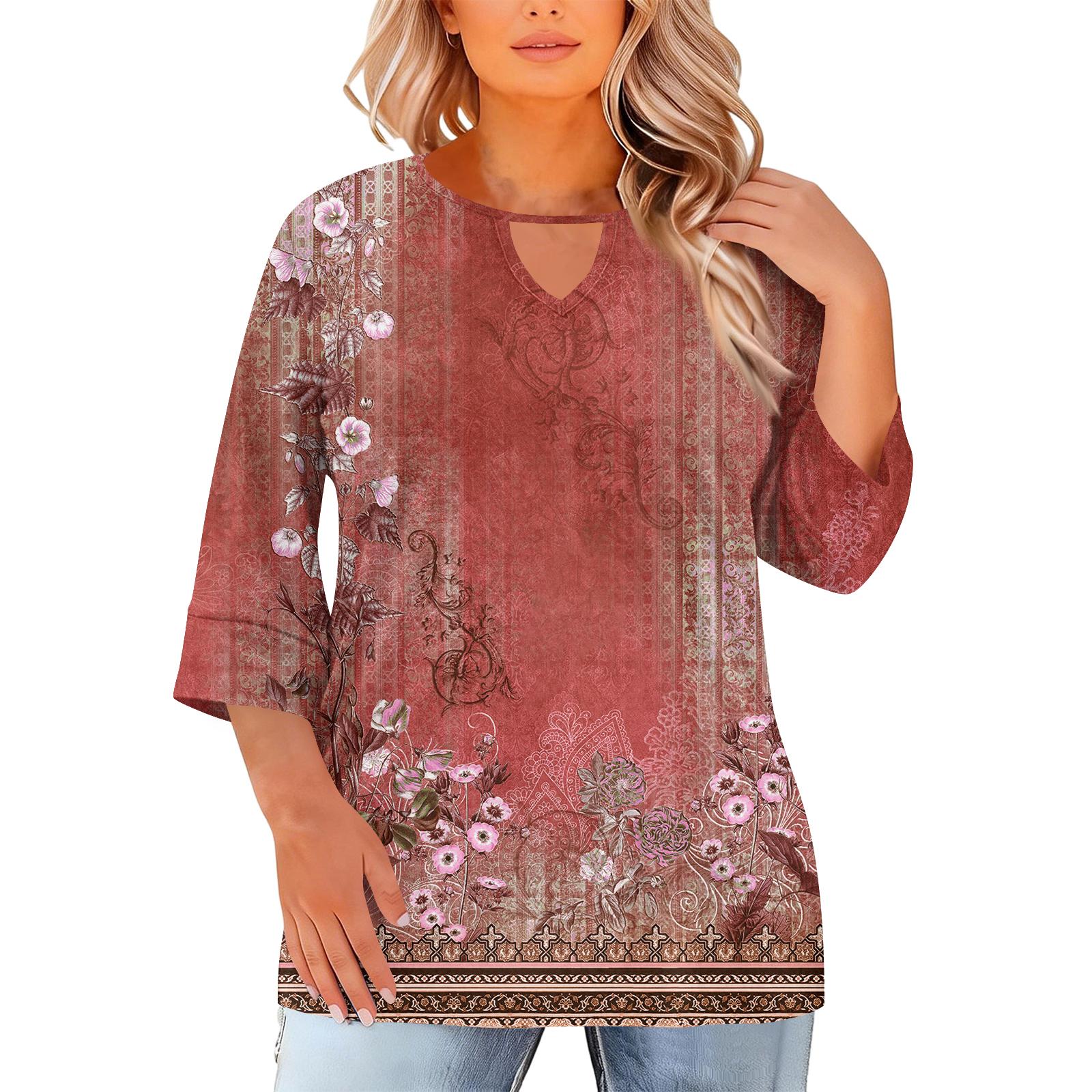 

Women s Fashion Casual Round Neck Three-Quarter Sleeve Oversized Print Top XL винний