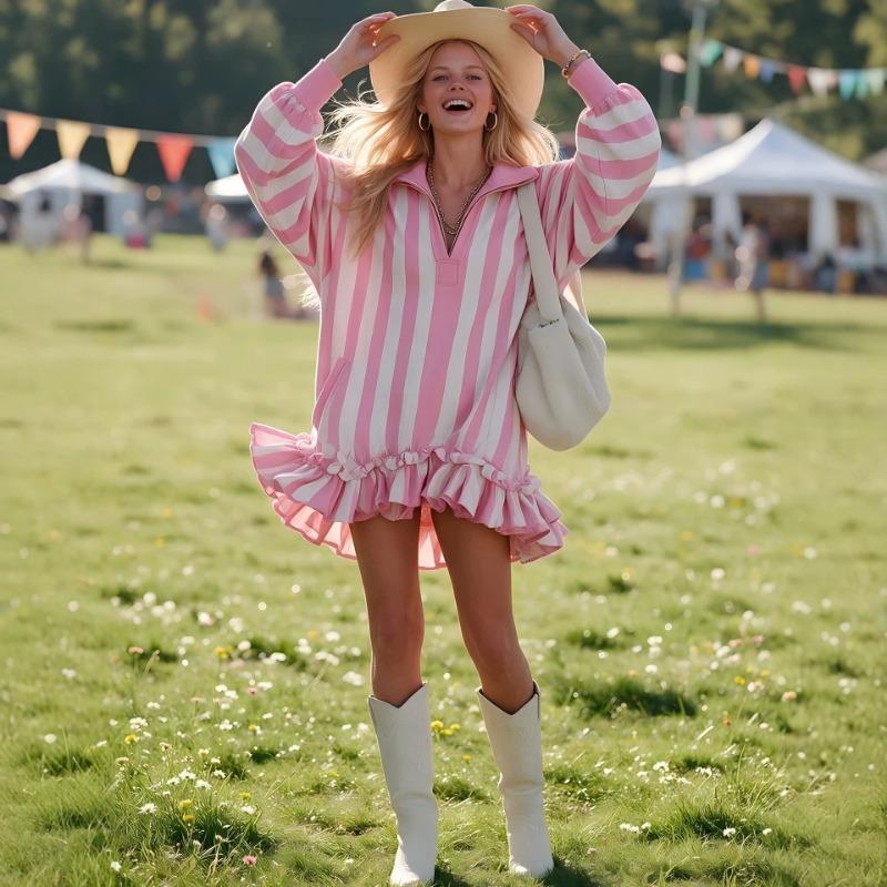 Women S Pink Striped V Neck Loose Lantern Sleeve Mini Dress