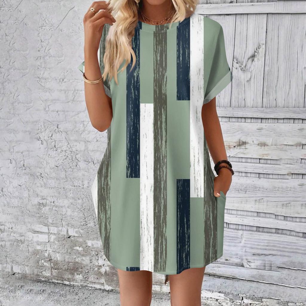 Rochie tricou lungă medie, la modă pentru femei, cu mâneci scurte, cu imprimeu de vară