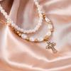 2pcs Elegant Cross Pendant Necklaces for Women Girls Pearl Choker Necklace Handmade Party Jewelry Gift