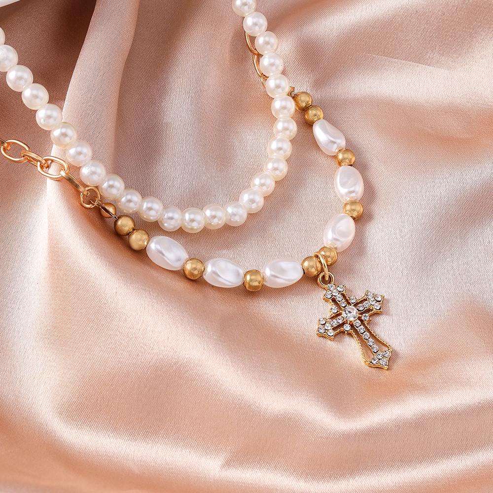 2pcs Elegant Cross Pendant Necklaces for Women Girls Pearl Choker Necklace Handmade Party Jewelry Gift