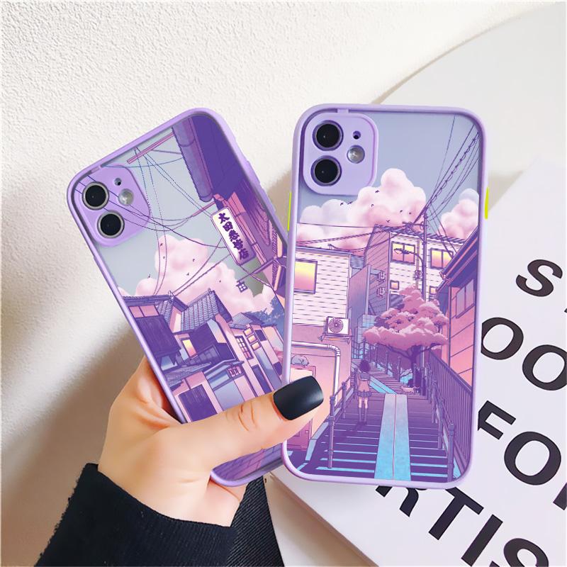 Japan Anime Landscape Phone Case For iPhone 16 11 15 12 14 Pro Max 12 13 Mini 7 8 Plus X XR XS Matte Purple Street View Cover
