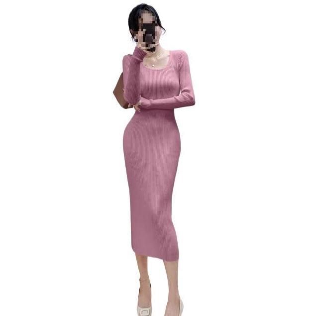 Women's French U-Neck Knit Dress: Autumn/Winter Slim Fit, Waist-Cinched, Bodycon Sweater Skirt
