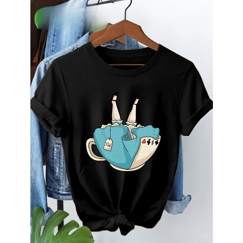 

European sizes A T-Shirt ,Designed for Men with Short Sleeves, Showcasing a Playful Pattern of Alice in a Tea Cup And Poker Cards 4XL чорний