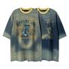 Retro old letter printed denim short-sleeved T-shirt for men and women street oversize loose casual couple top