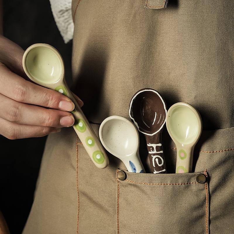 Retro Japanese Home Kitchen Soup Handmade Ceramic Spoon Small High Value Spoon Coarse Pottery Spoon