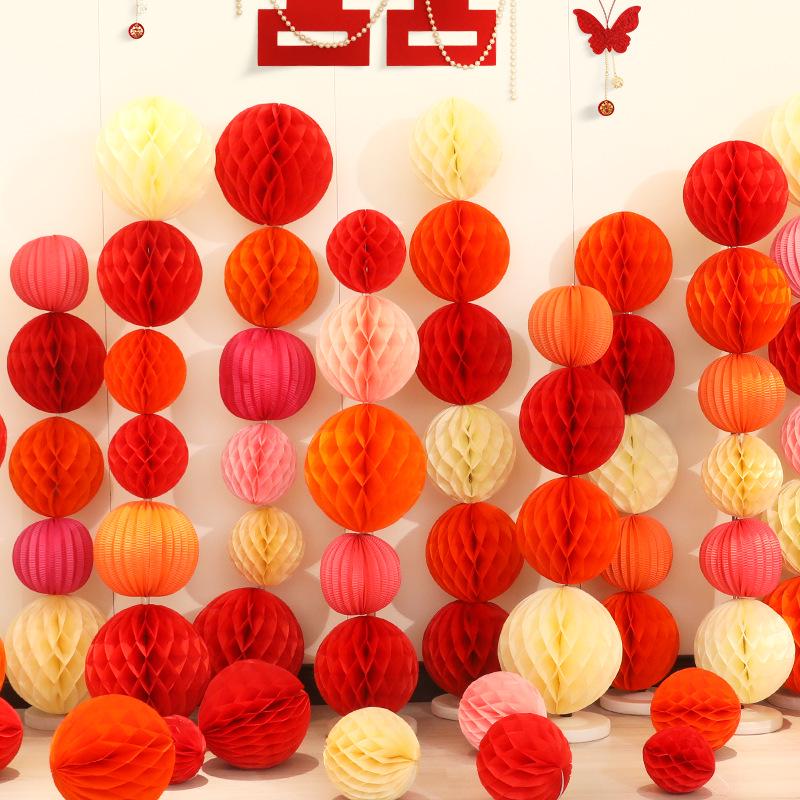 Wedding Double Happiness Garland & Lantern Set with Honeycomb Ball Columns for Background Decor