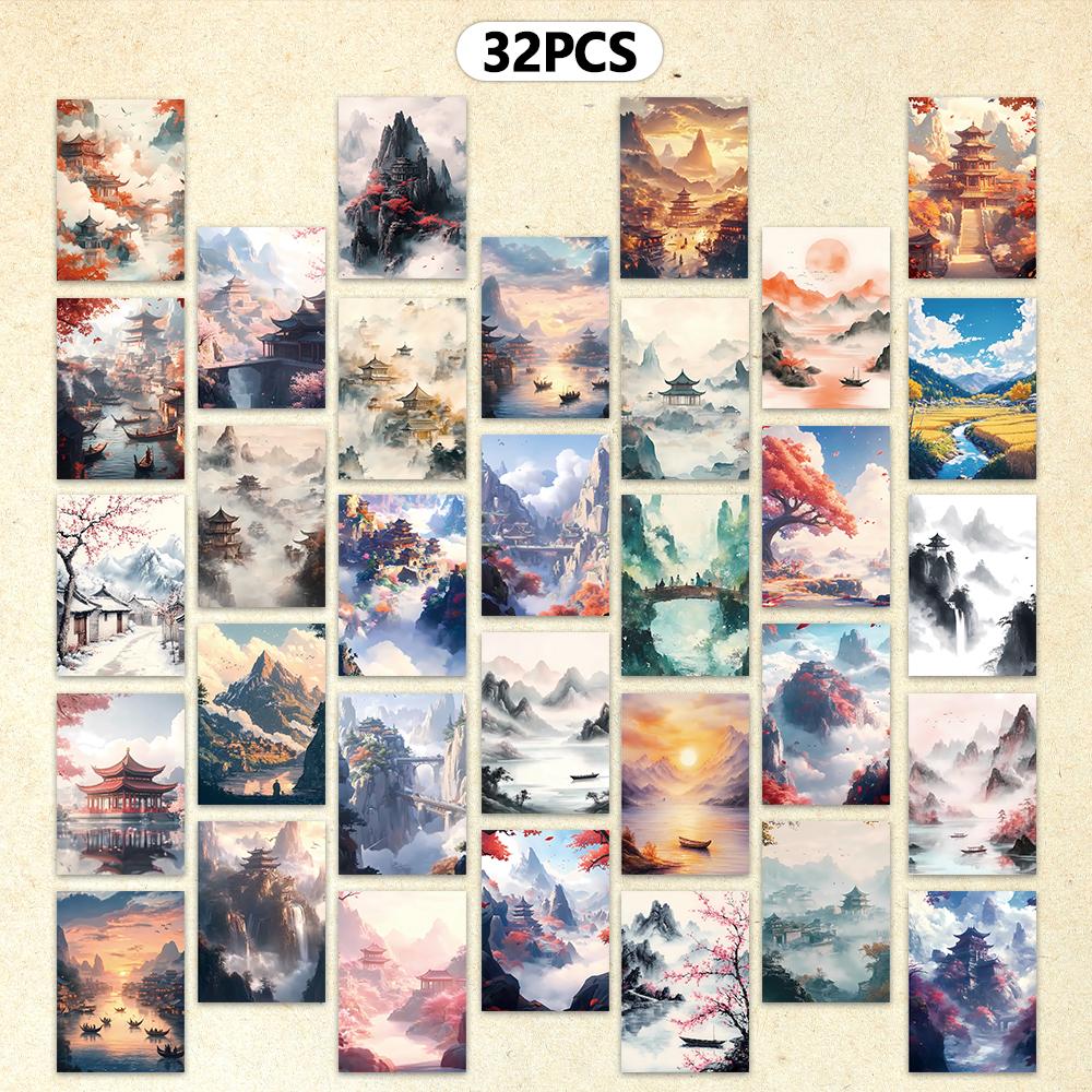 

32 штуки, открытки с китайской живописью тушью, древние здания и пейзажные картины, почтовые открытки, праздничные открытки